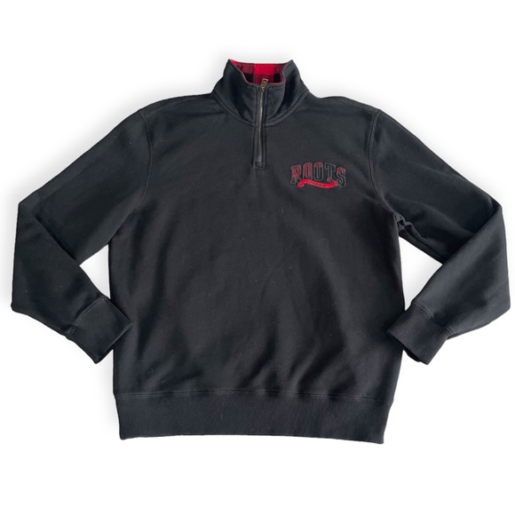 Roots Men’s Buffalo Plaid Zip Stein Hoodie Black Red Quarter Zip Sweater M - Picture 3 of 16